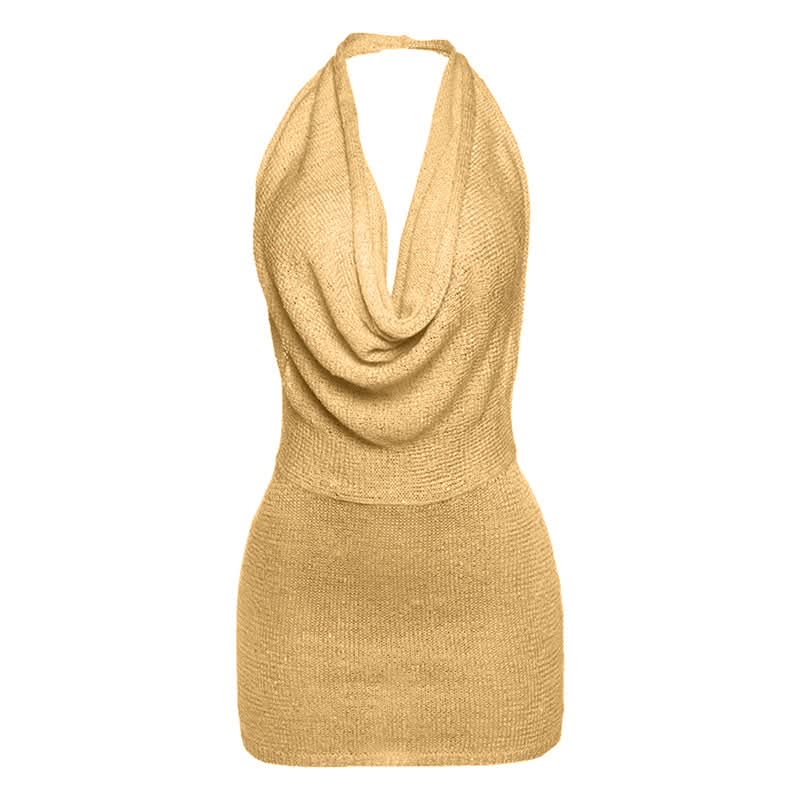 Sultry Knit Halter Cowl Neck Mini Dress - Backless Bodycon for Fall Parties & Resort Getaways