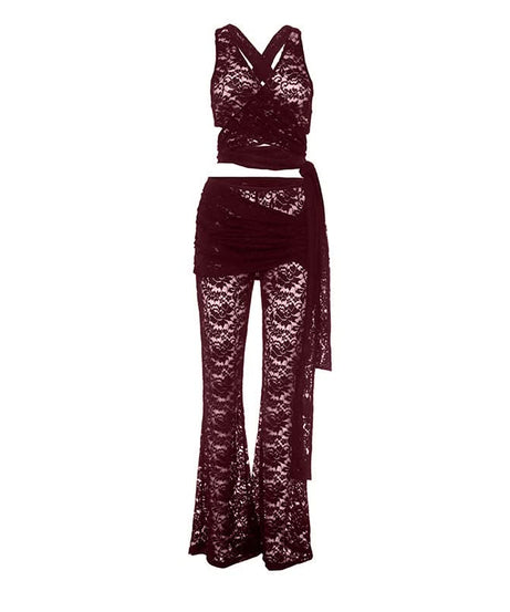 Spooky Chic Black Lace Two-Piece Set: Wrap Crop Top & Flare Pants – Your Ultimate Halloween & Fall Party Outfit