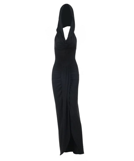Mysterious Black Hooded Maxi Dress: Cowl Neck, Ruched & Slit for Fall Elegance