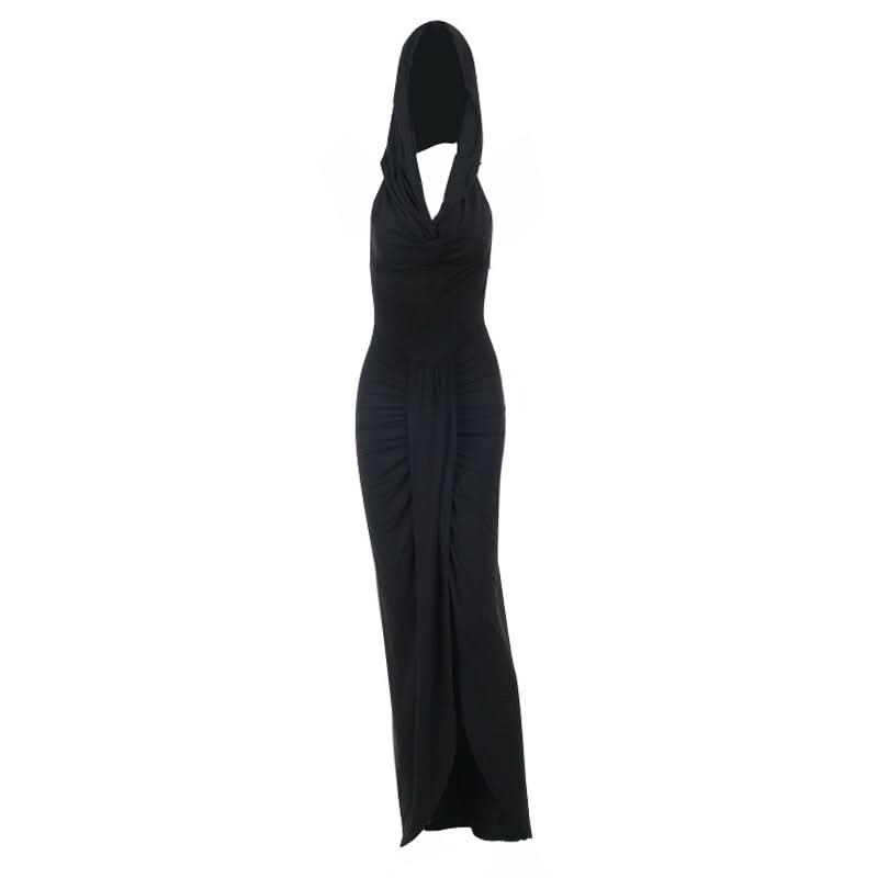 Mysterious Black Hooded Maxi Dress: Cowl Neck, Ruched & Slit for Fall Elegance