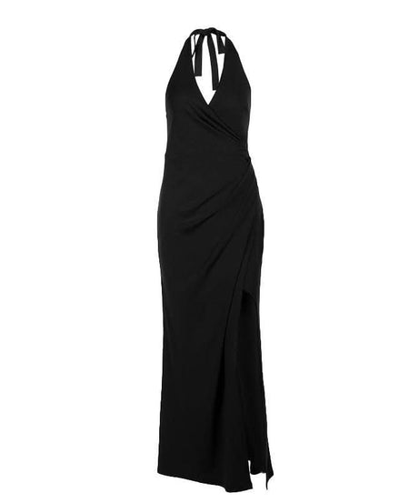 Stunning Black Halter Ruched Maxi Dress with High Slit - Your Go-To for Fall & Holiday Glamour