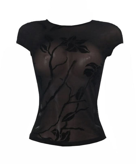 Dark Romance Flocked Floral Sheer Mesh Cap Sleeve Top - Fall's Enchanted Layer