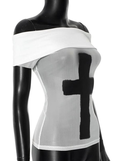 Rebel Chic Mesh Cross Off-Shoulder Top - Spooky Season & Beyond