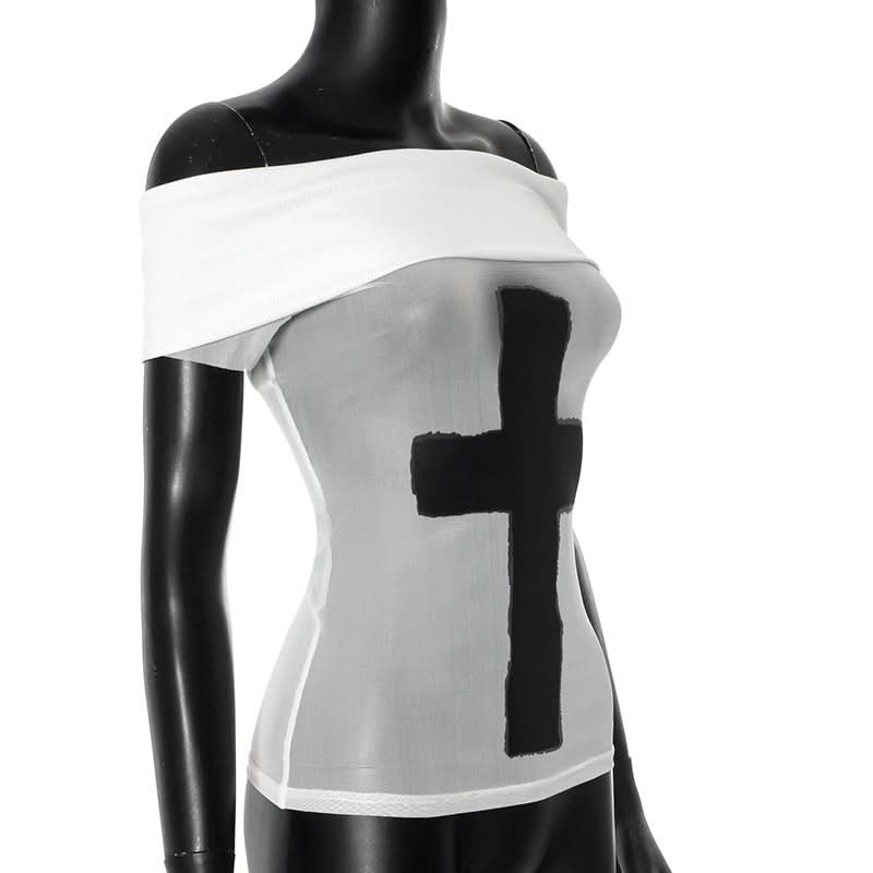 Rebel Chic Mesh Cross Off-Shoulder Top - Spooky Season & Beyond