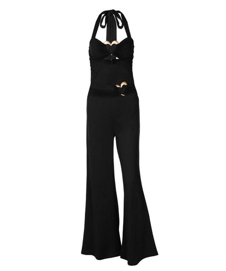 Stunning Red Halter Jumpsuit with Gold Heart Details | Your Festive Fall & Holiday Party Statement