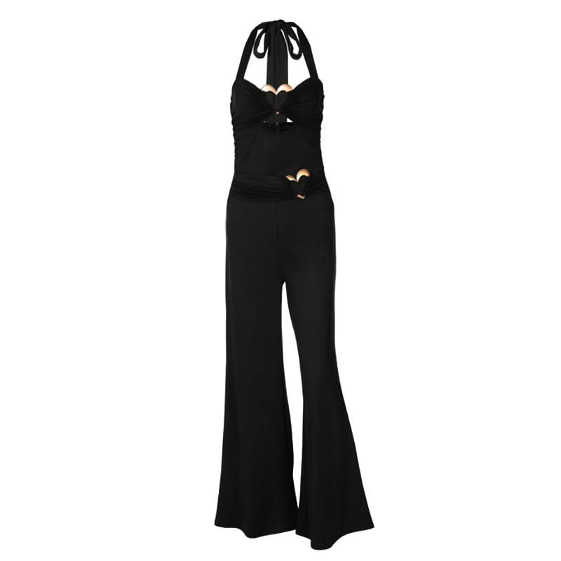 Stunning Red Halter Jumpsuit with Gold Heart Details | Your Festive Fall & Holiday Party Statement