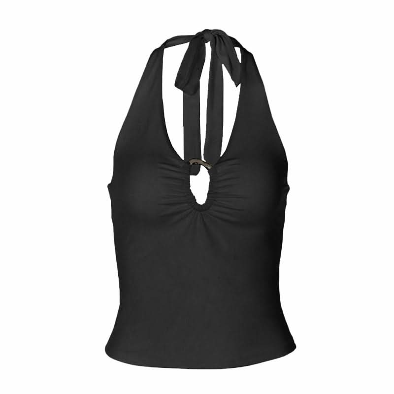 Chic Ruched Keyhole Halter Top | Self-Tie Back for Effortless Fall Style & Holiday Flair