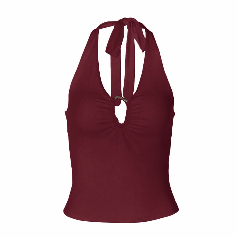 Chic Ruched Keyhole Halter Top | Self-Tie Back for Effortless Fall Style & Holiday Flair