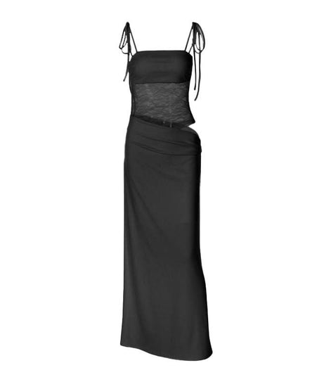 Effortless Elegance: Pale Yellow Sheer Lace Cutout Maxi Gown - Fall & Holiday Soiree Ready