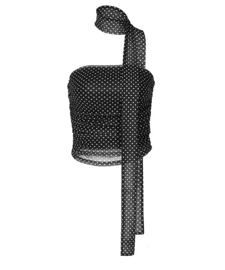 Chic Polka Dot Ruched Halter Tube Top with Multi-Way Tie – Your Go-To for Fall Nights & Y2K Style