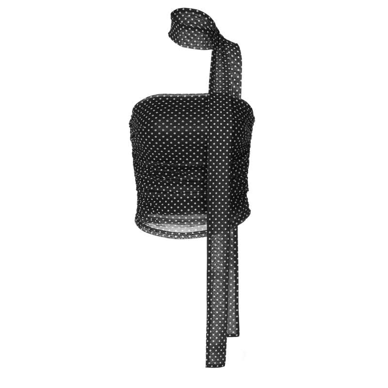 Chic Polka Dot Ruched Halter Tube Top with Multi-Way Tie – Your Go-To for Fall Nights & Y2K Style