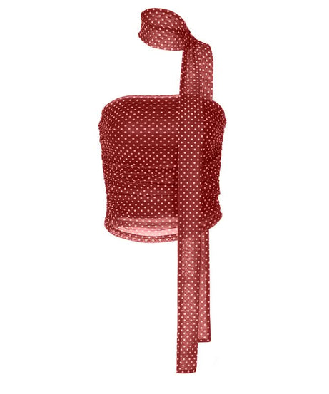 Chic Polka Dot Ruched Halter Tube Top with Multi-Way Tie – Your Go-To for Fall Nights & Y2K Style