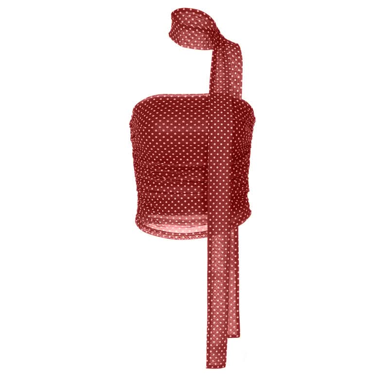 Chic Polka Dot Ruched Halter Tube Top with Multi-Way Tie – Your Go-To for Fall Nights & Y2K Style