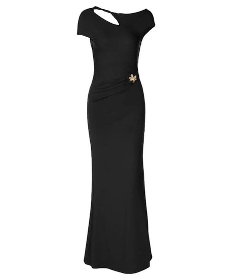 Ivory Asymmetrical Cutout Backless Maxi Gown – Elegant Ruched Waist & Brooch for Holiday & Winter Galas
