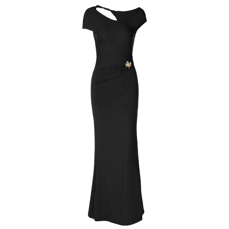 Ivory Asymmetrical Cutout Backless Maxi Gown – Elegant Ruched Waist & Brooch for Holiday & Winter Galas