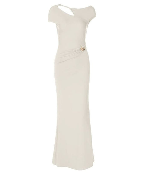 Ivory Asymmetrical Cutout Backless Maxi Gown – Elegant Ruched Waist & Brooch for Holiday & Winter Galas