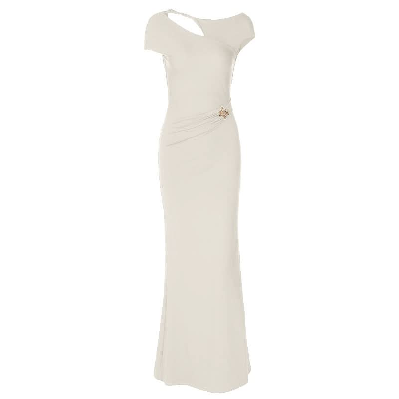 Ivory Asymmetrical Cutout Backless Maxi Gown – Elegant Ruched Waist & Brooch for Holiday & Winter Galas