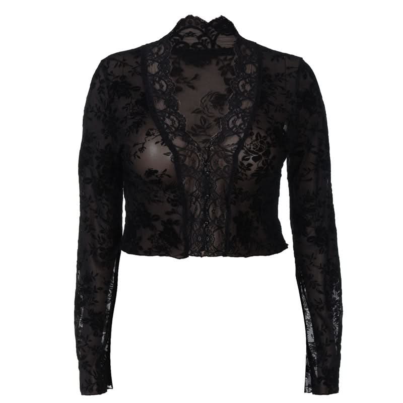 Alluring Black Velvet Floral Lace Sheer Cropped Top - Fall & Halloween Party Ready