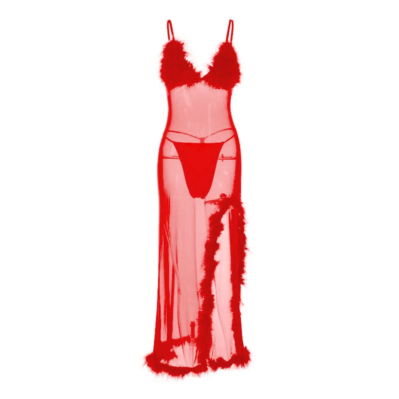 Sultry Feather Trim Sheer Mesh Maxi Dress - Halloween, Holiday & NYE Party Glam