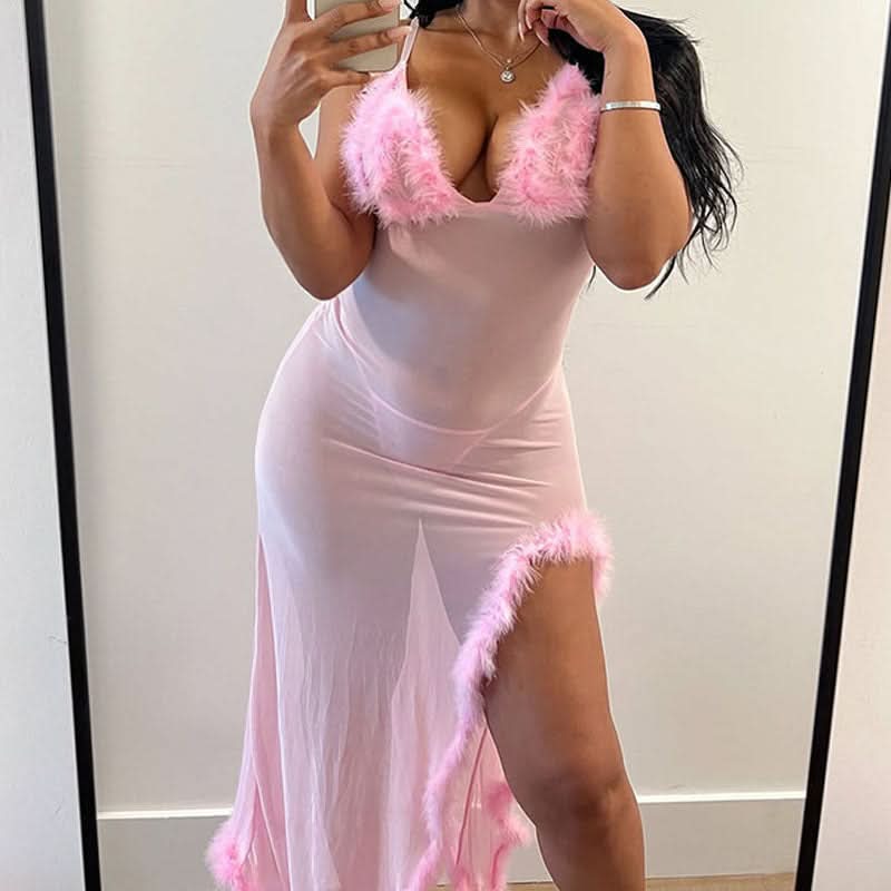 Sultry Feather Trim Sheer Mesh Maxi Dress - Halloween, Holiday & NYE Party Glam