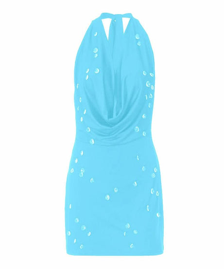 Dazzling Black Halter Cowl Neck Mini Dress | Rhinestone Sparkle for Holiday Parties & NYE