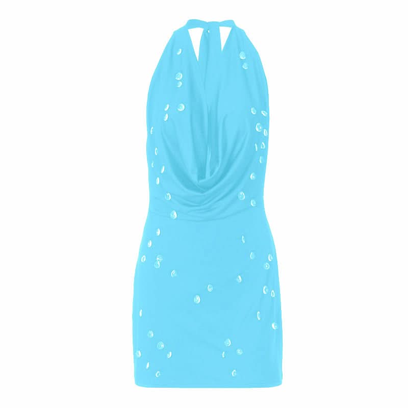 Dazzling Black Halter Cowl Neck Mini Dress | Rhinestone Sparkle for Holiday Parties & NYE