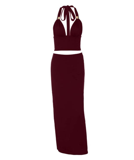 Slinky Black Halter Plunge Crop Top & Maxi Skirt Set - Fall & Holiday Ready