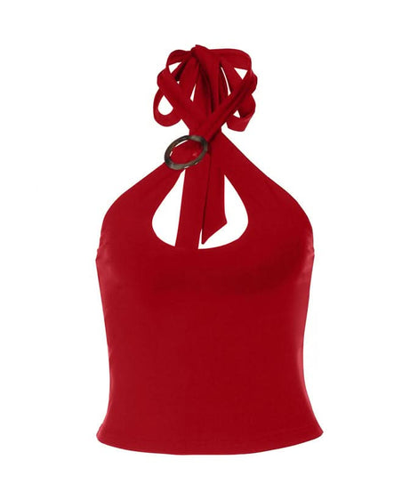 Chic Chocolate Halter Tie-Neck Top with Keyhole & Ring Detail – Fall Nights Out