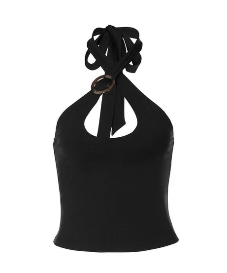 Chic Chocolate Halter Tie-Neck Top with Keyhole & Ring Detail – Fall Nights Out