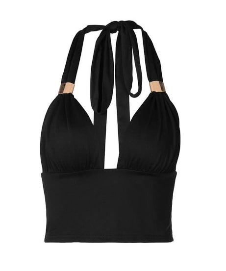 Chic Black Halter Crop Top | Ruched V-Neck with Gold Ring Detail for Fall Nights & Holiday Glam