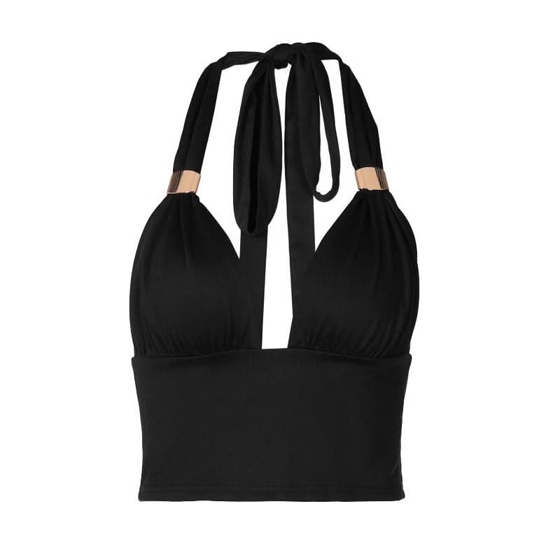 Chic Black Halter Crop Top | Ruched V-Neck with Gold Ring Detail for Fall Nights & Holiday Glam