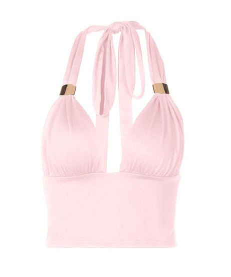 Chic Black Halter Crop Top | Ruched V-Neck with Gold Ring Detail for Fall Nights & Holiday Glam