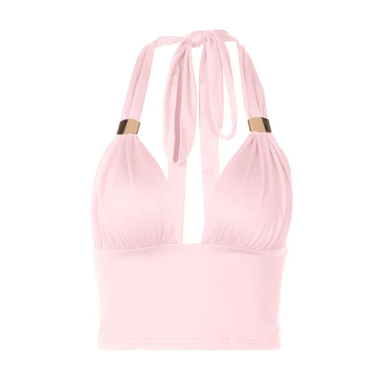 Chic Black Halter Crop Top | Ruched V-Neck with Gold Ring Detail for Fall Nights & Holiday Glam