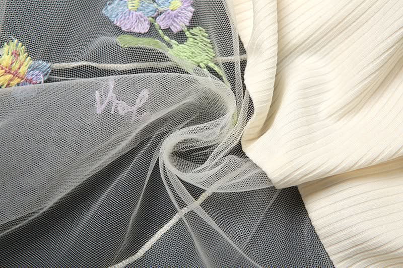 Autumn Bloom Fairycore Ribbed Knit Two-Piece Set - Sheer Mesh Tube Top & Mini Skirt