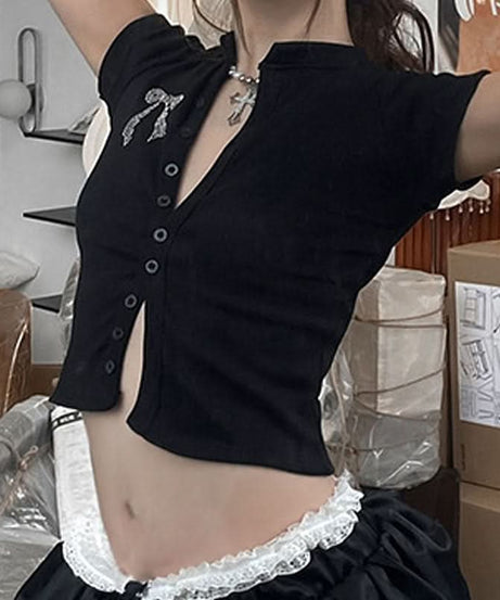 Sparkle Bow Ribbed Button-Front Crop Top - Fall & Holiday Glam