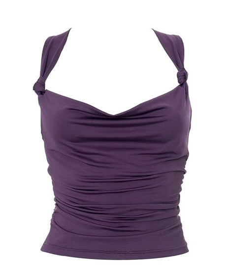 Effortless Fall Chic: Plum Cowl Neck Ruched Backless Top with Knotted Straps