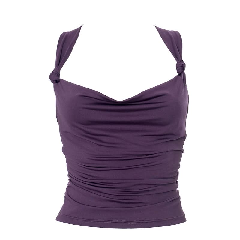 Effortless Fall Chic: Plum Cowl Neck Ruched Backless Top with Knotted Straps