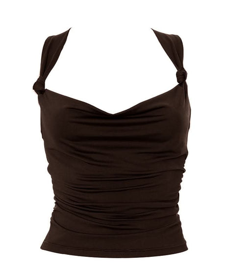 Effortless Fall Chic: Plum Cowl Neck Ruched Backless Top with Knotted Straps