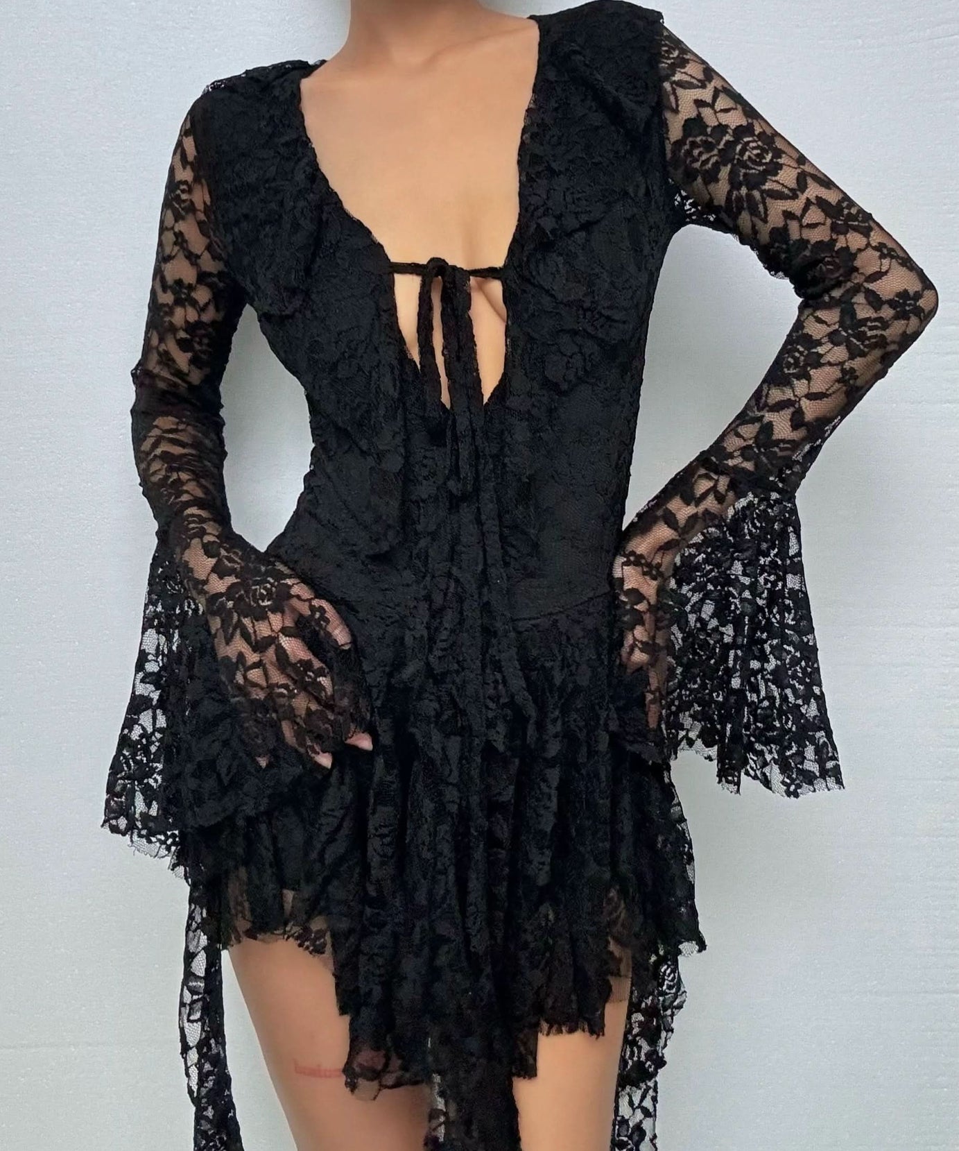 Dark Romance Black Lace Mini Dress | Flared Bell Sleeves & Tie-Front | Halloween & Holiday Party Ready