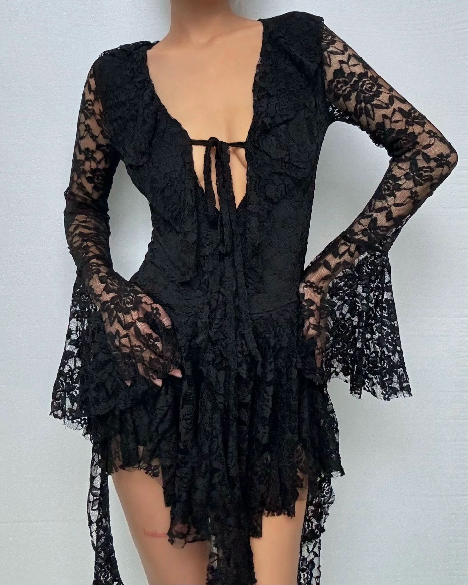 Dark Romance Black Lace Mini Dress | Flared Bell Sleeves & Tie-Front | Halloween & Holiday Party Ready