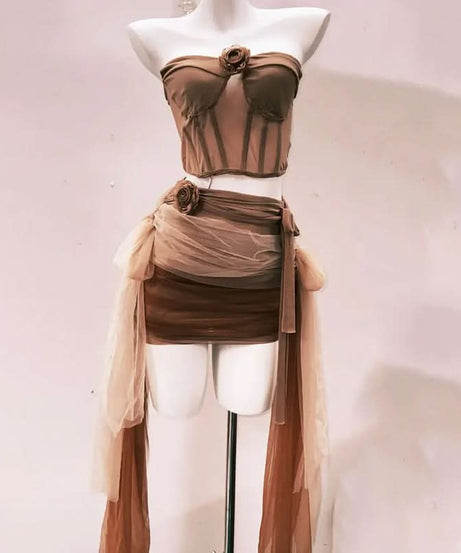 Autumn Bloom Mesh Bustier & Draped Mini Skirt Set - Earthy Chic Two-Piece
