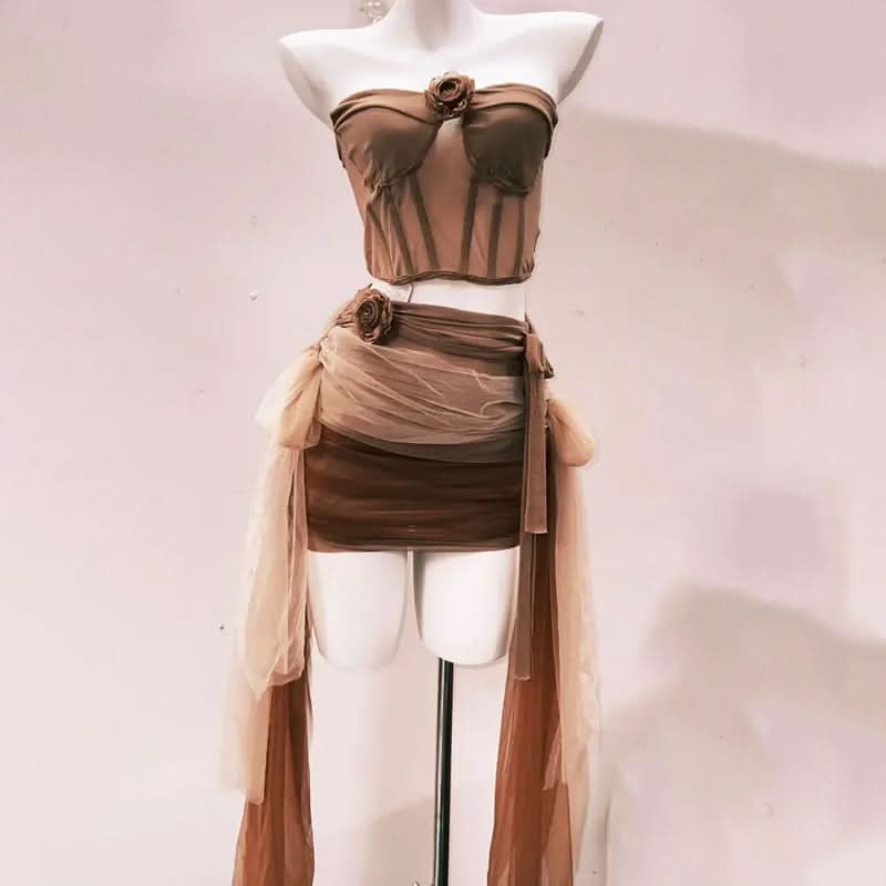 Autumn Bloom Mesh Bustier & Draped Mini Skirt Set - Earthy Chic Two-Piece