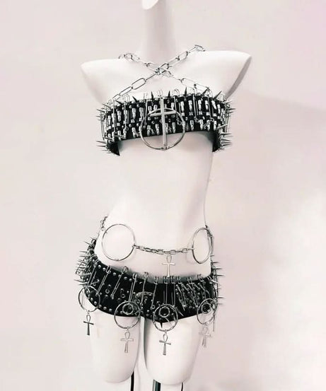 Spiked Ankh Gothcore Halloween Festival Two-Piece Set | Edgy Chain & O-Ring Outfit for American Women
