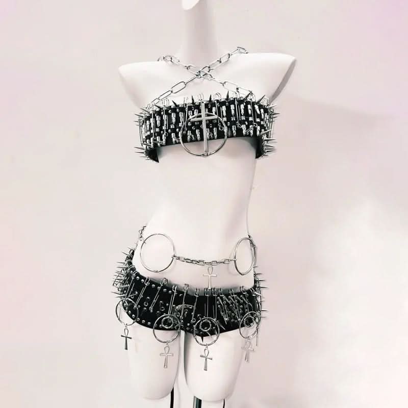 Spiked Ankh Gothcore Halloween Festival Two-Piece Set | Edgy Chain & O-Ring Outfit for American Women