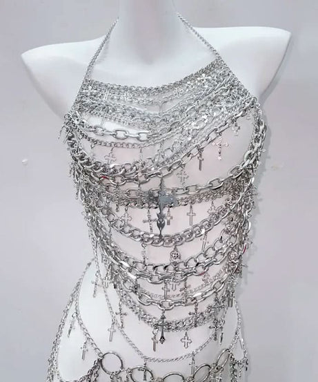 Edgy Silver Chain Halter Top | Gothic Cross Body Chain | Rave & Halloween Statement
