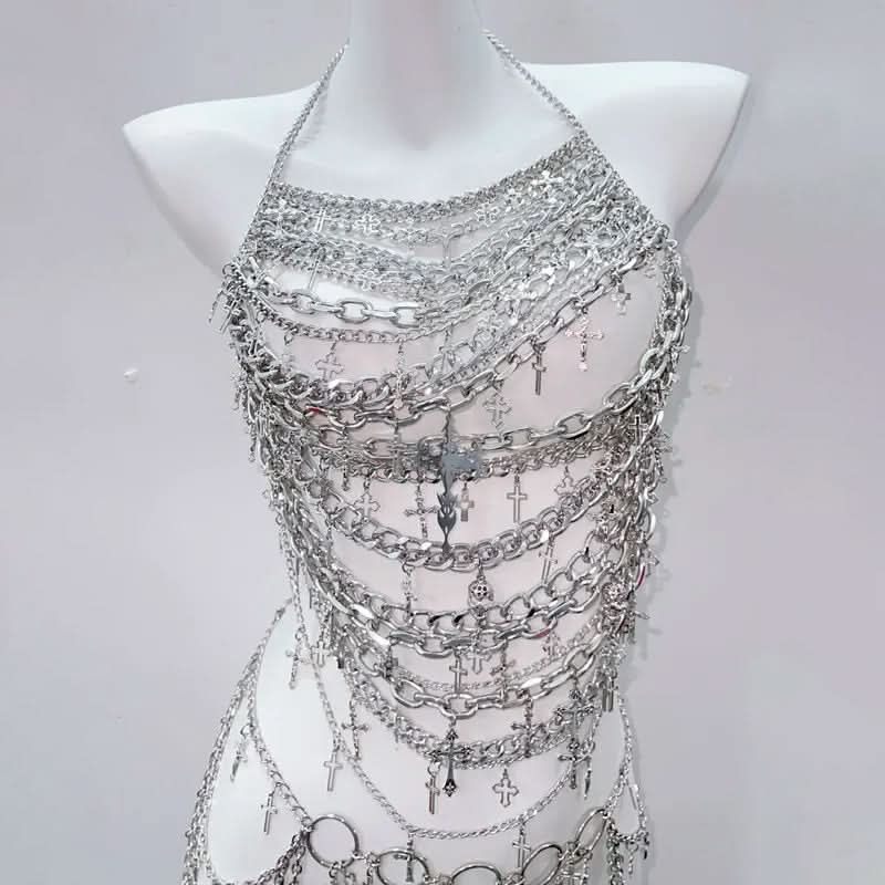 Edgy Silver Chain Halter Top | Gothic Cross Body Chain | Rave & Halloween Statement
