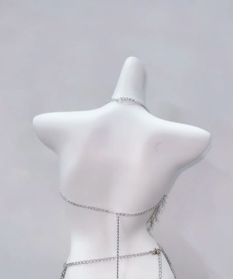 Edgy Silver Chain Halter Top | Gothic Cross Body Chain | Rave & Halloween Statement