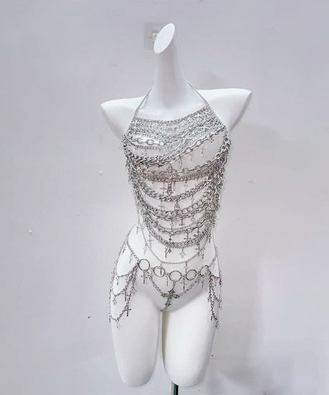 Edgy Silver Chain Halter Top | Gothic Cross Body Chain | Rave & Halloween Statement