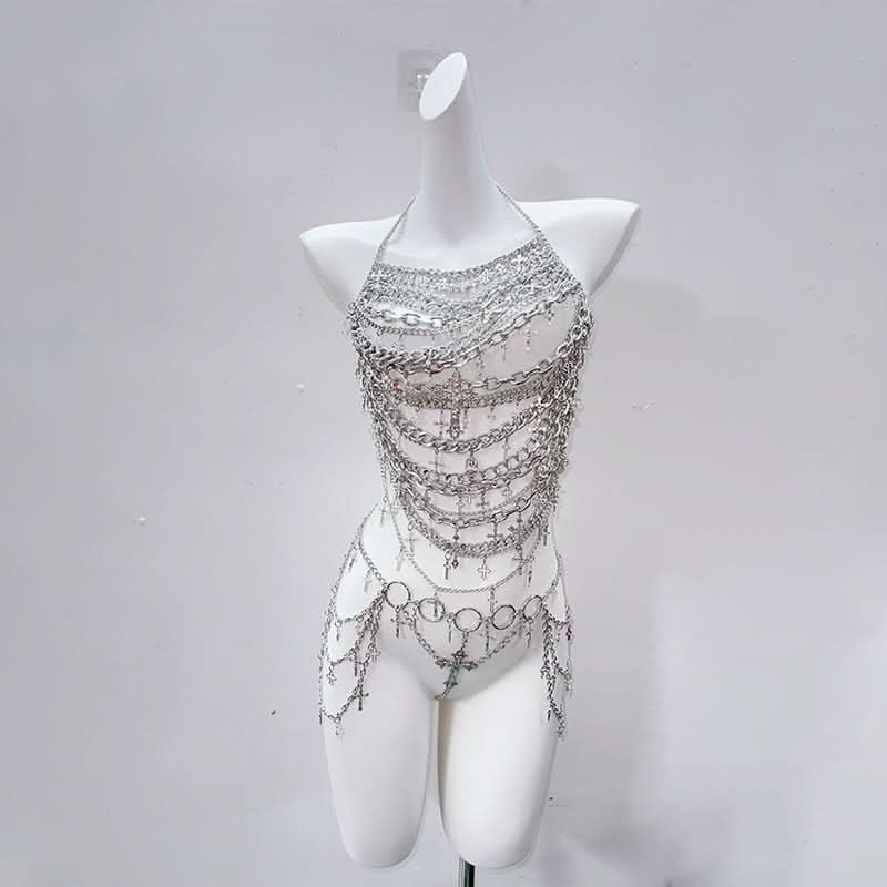 Edgy Silver Chain Halter Top | Gothic Cross Body Chain | Rave & Halloween Statement