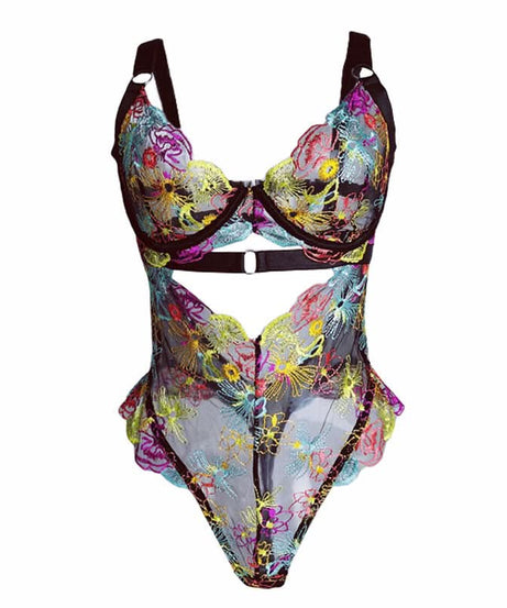 Vibrant Bloom Embroidered Mesh Bodysuit – Your Chic Fall & Holiday Statement Piece